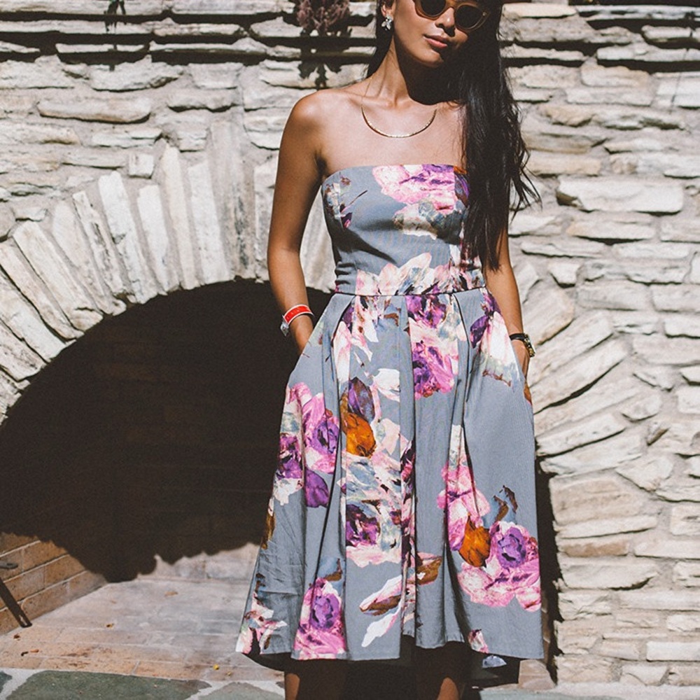 Trina Turk Strapless Dress - Gray with Pink Floral